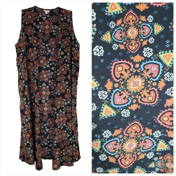 LuLaRoe Joy Vest Black Silky Soft Sleeveless Tribal Print Long Cardigan Duster - Picture 1 of 8